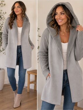 Cozy Hooded Open-Front Women’s Sweater Jacket - Light Gray